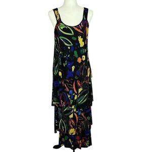 Elena Wang Retro Boho Artsy Sleeveless Tiered Maxi Dress Medium Black Multicolor